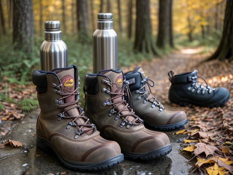 Hiking boots walking on a colorful autumn trail path covered in leaves.