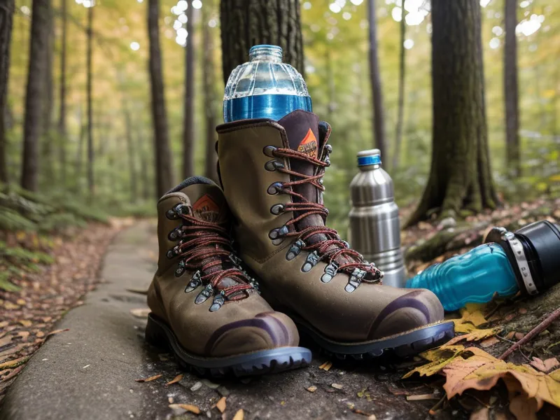 A hiker's legs and boots moving along a lush green forest trail.