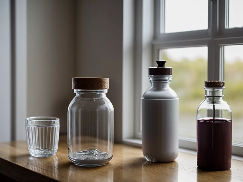 A supplement bottle and glass of water on a sunlit kitchen counter