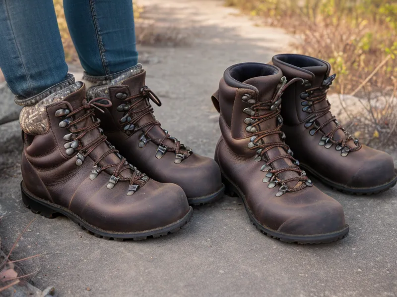 A pair of worn-out hiking boots sitting on a suburban porch.