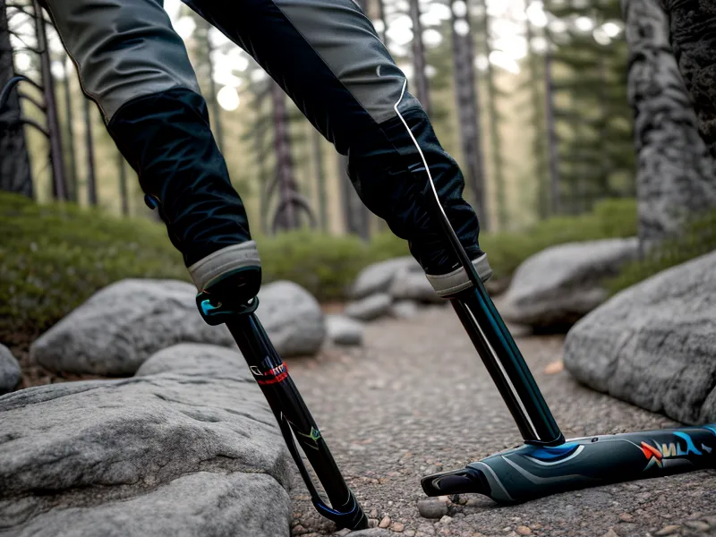 Modern trekking poles leaning against a rock on a pine-covered trail.