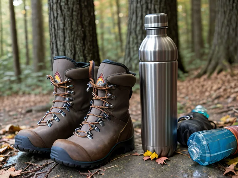 Hiking boots walking on a trail of pine needles and earth.