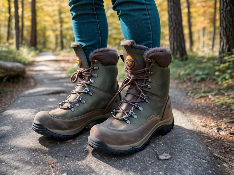 View of lightweight hiking boots on a rocky trail from the hiker's perspective.
