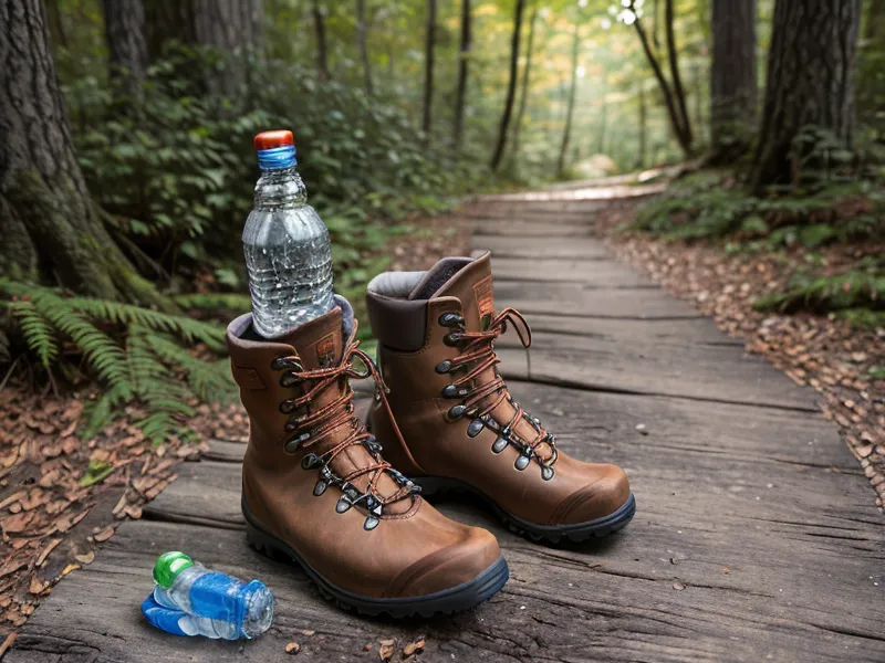 Close up of hiking boots navigating a tree root on a forest trail