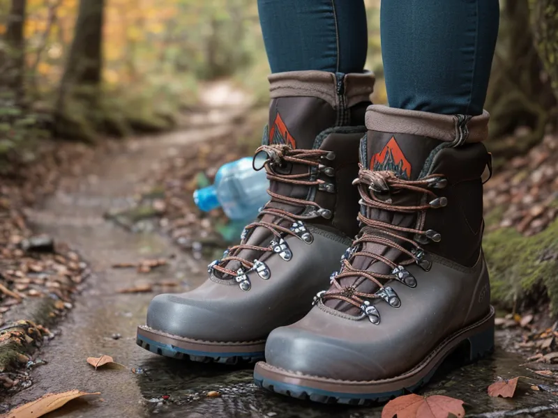 Worn hiking boots and a coffee mug on a porch