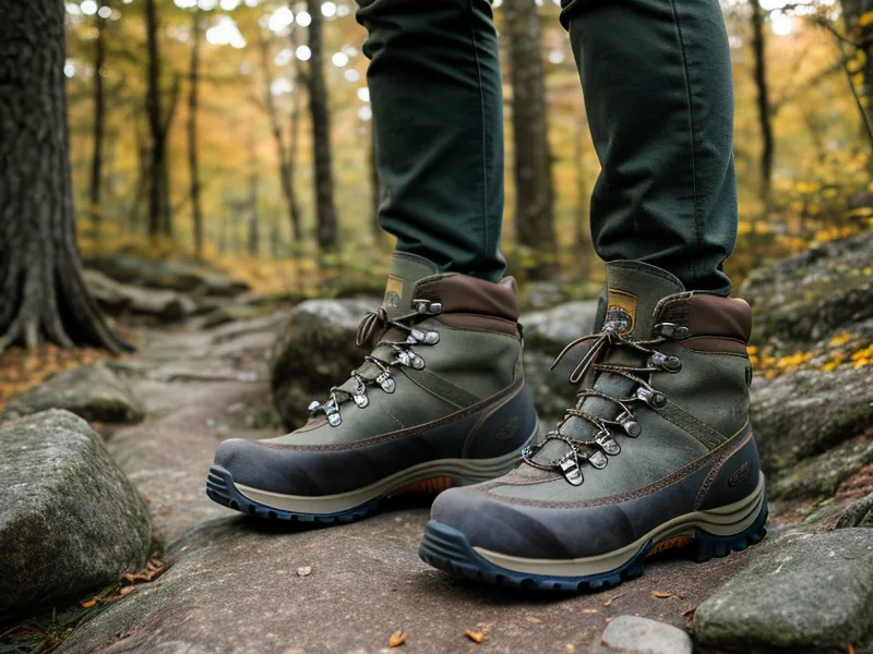 Close-up of hiking boots navigating a rocky woodland trail in spring.
