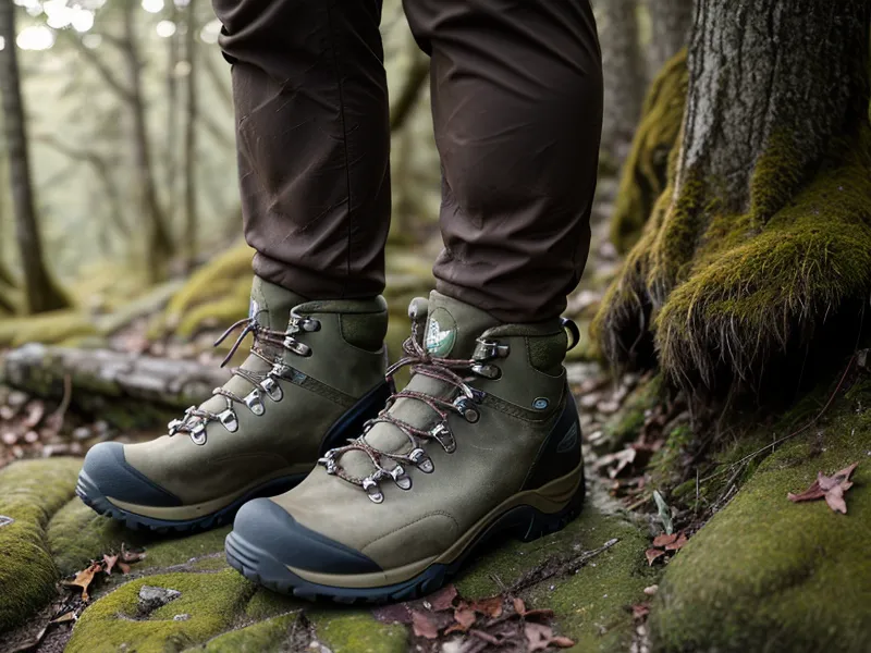Close-up of a hiker stepping over rocks on a forest trail.