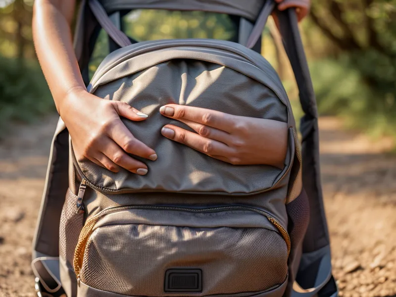 A hiker adjusting their gear on a sunny forest trail.