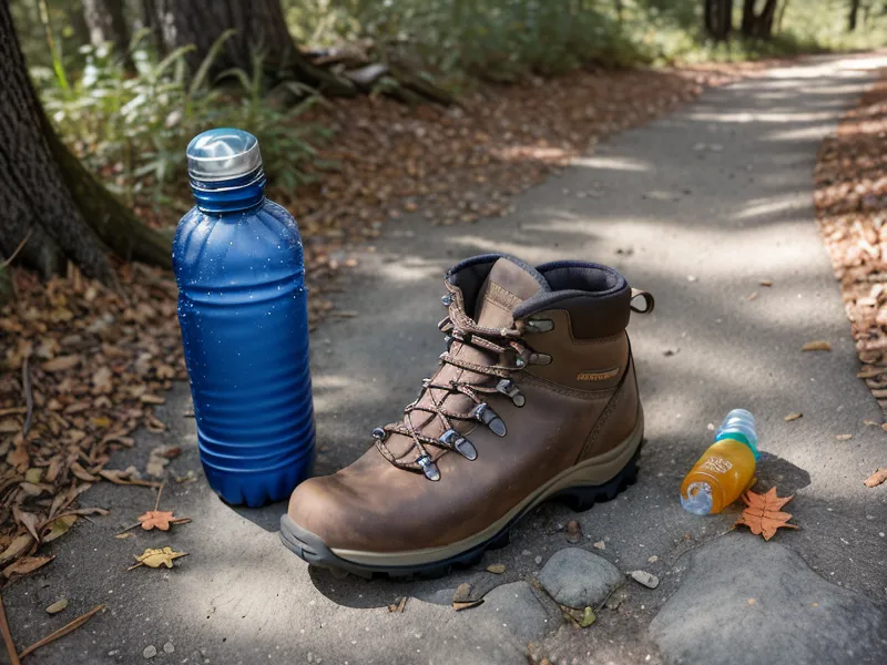 Lower body of a woman walking confidently on a sunny nature trail.