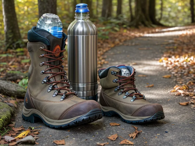 Hiking boots navigating a rocky and rooted trail path in the woods.
